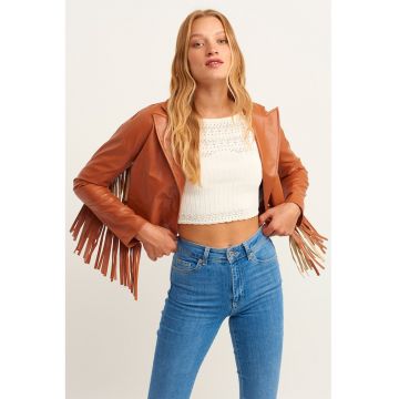 Jacheta crop din piele ecologica cu canafi - Maro scortisoara