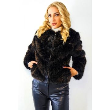 Jacheta dama Robertina, blana ecologica cu insertii piele si fermoar, Maro