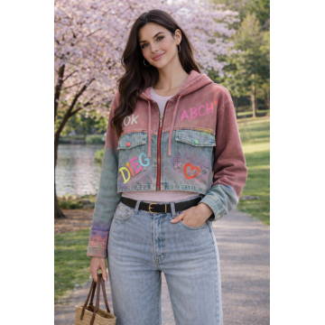 Jacheta dama roz din denim cu buzunare aplicate si gluga