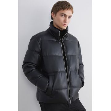 Jacheta de piele ecologica cu guler inalt - Negru