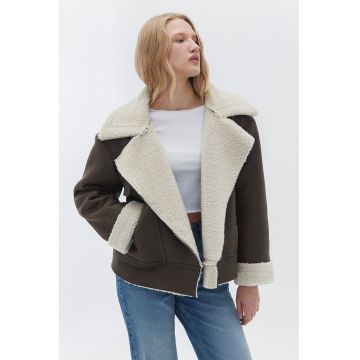 Jacheta de piele intoarsa sintetica cu fermoar - Maro inchis/Alb murdar