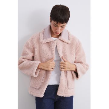 Jacheta din material teddy cu detalii din piele ecologica - Roz pastel