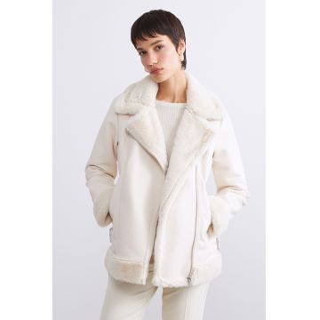 Jacheta din piele ecologica cu blana sintetica - Alb fildes