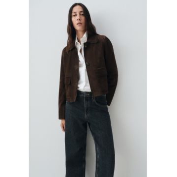 Jacheta din piele intoarsa cu buzunare cu clapa - Maro inchis