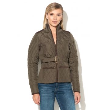 Jacheta matlasata cu garnituri din material reiat si curea - Verde inchis