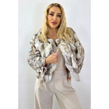 Jacheta scurta Benjo, din blana naturala de vulpe, Alb-Bej