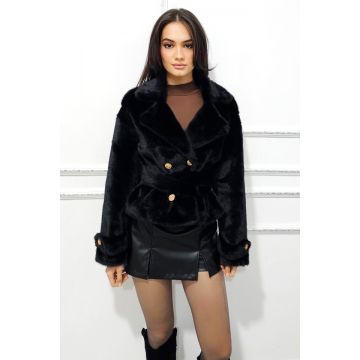 Jacheta scurta din blana eco Leighton, cu cordon supradimensionat, Negru