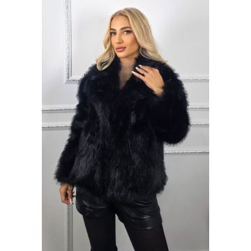 Jacheta scurta Kasmina, blana ecologica cu revere, aspect natural, Negru, Marime S/M