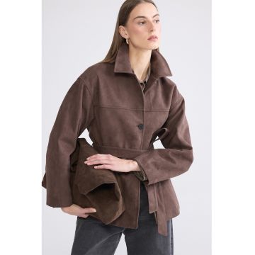 Jacheta uni cu maneci cazute si cordon in talie - Maro taupe