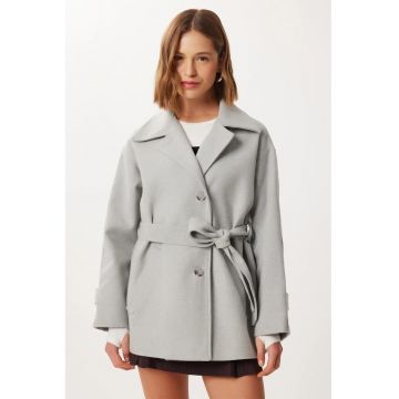 Palton dama - Happiness Istanbul - lung - texturat - gri - textil -