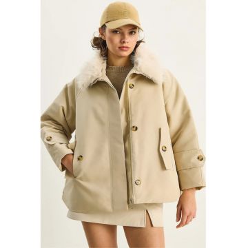 Palton dama -  jacheta cu fermoar - guler din blana artificiala - bej - bumbac