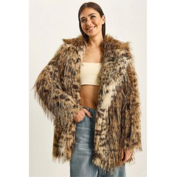 Palton dama -  jacheta supradimensionata din blana artificiala cu imprimeu leopard - natural - textil