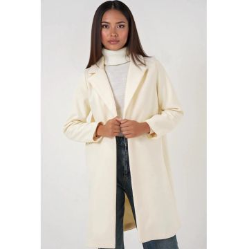 Palton dama -  lung cu nasturi si buzunare - alb prafuit - textil -