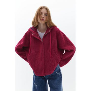 Palton din amestec de lana cu gluga si fermoar - Visiniu