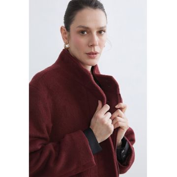 Palton din amestec de lana cu guler mediu - Rosu inchis