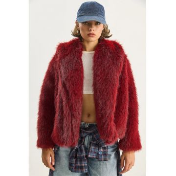 Palton din Blana Artificiala -  Rosu Burgundi - Fleece