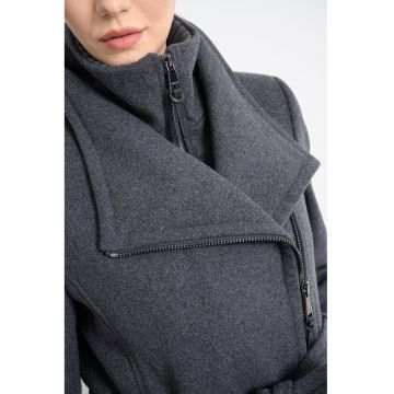 Palton regular-fit cu fermoar si cordon - Gri inchis