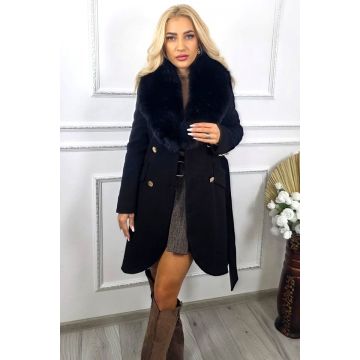 Pardesiu cu lana, guler imblanit Tamira si colturi rotunjite, Negru