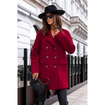 Pardesiu cu nasturi Adriana, croi oversize si revere scurte, Visiniu, Marime S/M/L