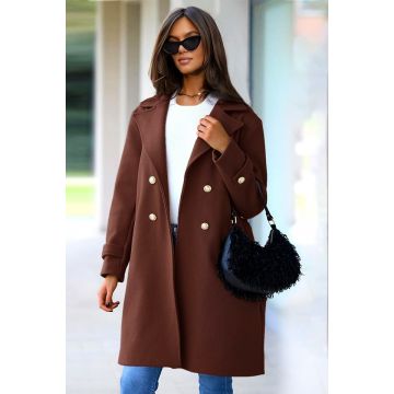 Pardesiu de dama Cornelia, cu panou suprapus si butoni, Ciocolata, Marime S/M