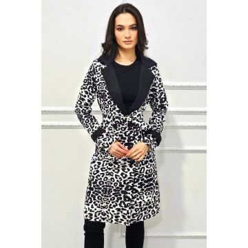 Pardesiu subtire de dama Viviane, inchidere cu nasturi si cordon asortat, Black Leopard