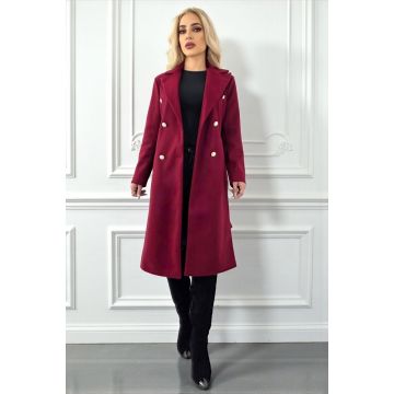 Pardesiu subtire, midi, AVELYN, cu butoni aurii si cordon, Rosu bordo