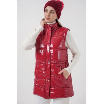 Vesta Puffer  lucioasa - rosie - textila - pentru femei