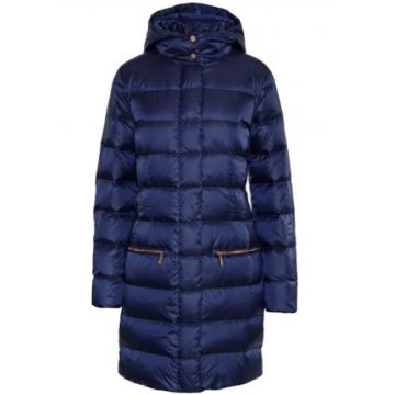 Geaca lunga cu gluga si umplutura din puf si pene - Bleumarin