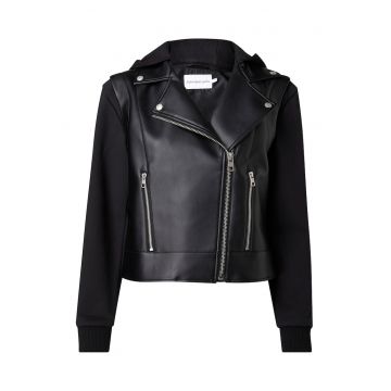 Jacheta biker de piele ecologica cu gluga - Negru