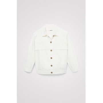 Jacheta de denim cu aplicatie crosetata de dantela - Alb