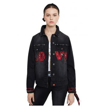 Jacheta din denim cu tinte metalice Love Heart -