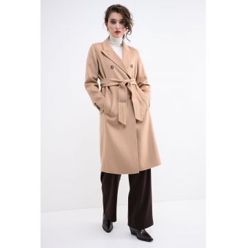 Palton de lana cu doua randuri de nasturi - Maro camel