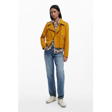 Jacheta biker de piele ecologica cu buzunare cu fermoar - Galben mustar