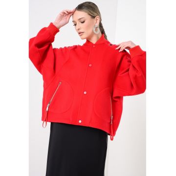 Jacheta bomber supradimensionata din lana virgina cu decupaje pe maneci - Rosu