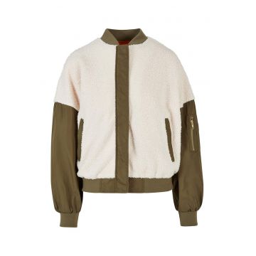 Jacheta cu insertii din material teddy - Verde masliniu/Crem