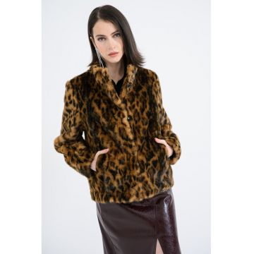 Jacheta de blana sintetica cu animal print - Negru/Caramel