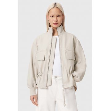 Jacheta de piele cu guler inalt Flor - Alb fildes