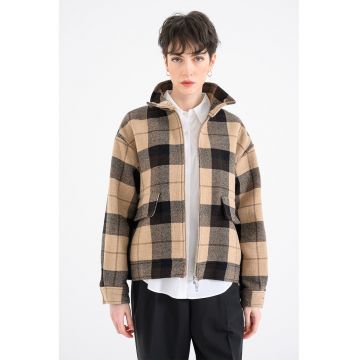 Jacheta din amestec de lana cu model in carouri si buzunare cu clapa - Maro inchis/Maro taupe
