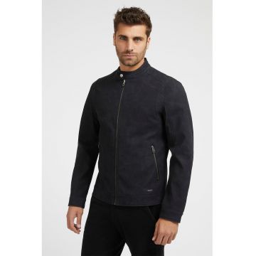 Jacheta din piele intoarsa sintetica cu fermoar - Negru