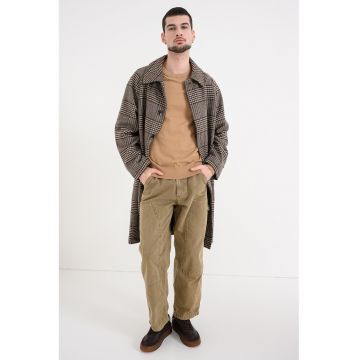 Palton din amestec de lana cu buzunare laterale si model in carouri - Maro/Gri