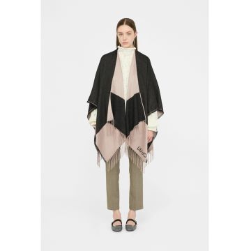 Poncho cu franjuri si model colorblock - Negru