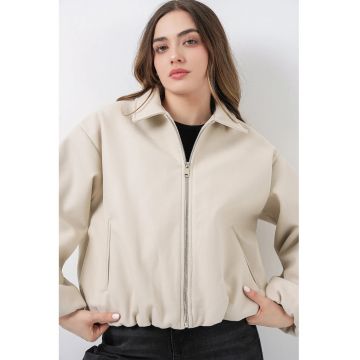 Geaca bomber  bej - textil - cu fermoar si buzunare