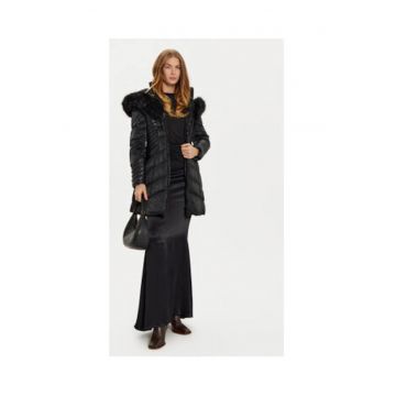 Geaca Dama  OXANA W4BL61 – Matlasata - Cambrata - cu Gluga din Blana Sintetica - Negru
