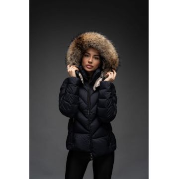 Geaca matlasata cu umplutura de puf gasca eleganta cambrata scurta cu gluga detasabila si blana - ELLERY - culoare Negru - marime XL -