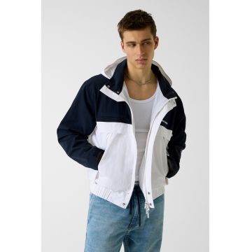 Jacheta cu model in doua tonuri si gluga - Alb/Albastru ultramarin