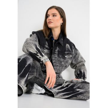 Jacheta de denim cu aspect decolorat - Gri inchis