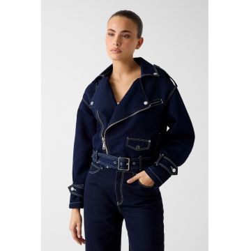 Jacheta din denim cu revere supradimensionate decupate - Bleumarin