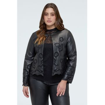 Jacheta din piele sintetica cu model floral - Negru