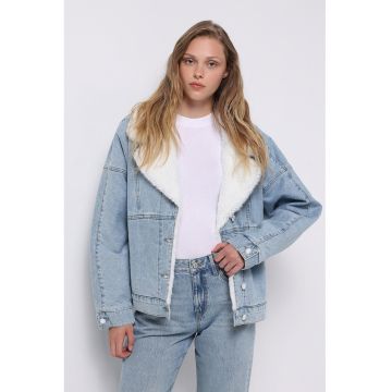 Jacheta lejera din denim cu captuseala din material teddy - Albastru deschis