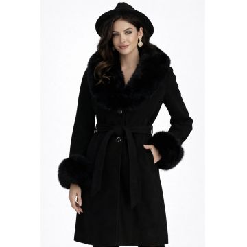 Palton cambrat din stofa cu insertii detasabile din blana ecologica Rosu - Negru